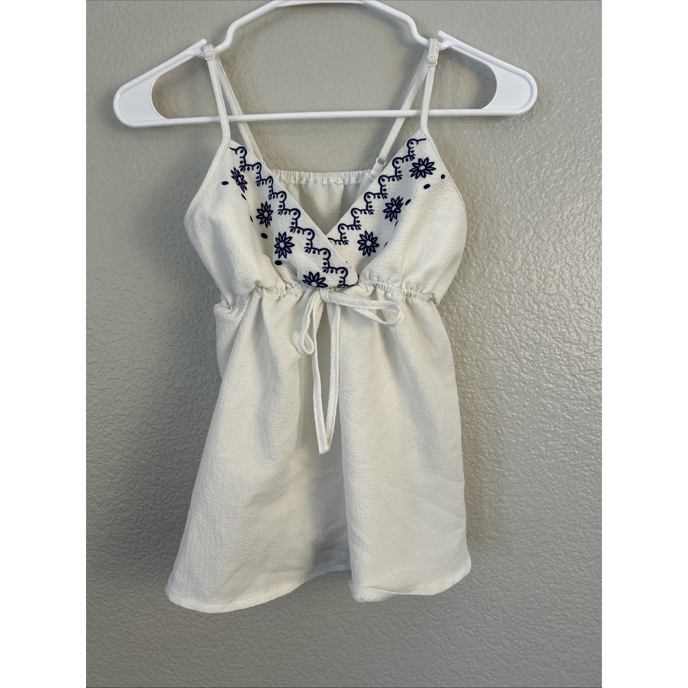 SHEIN Top Womens Large Cream Stretch Blue Floral Embroidery Knot Front Peplum XS